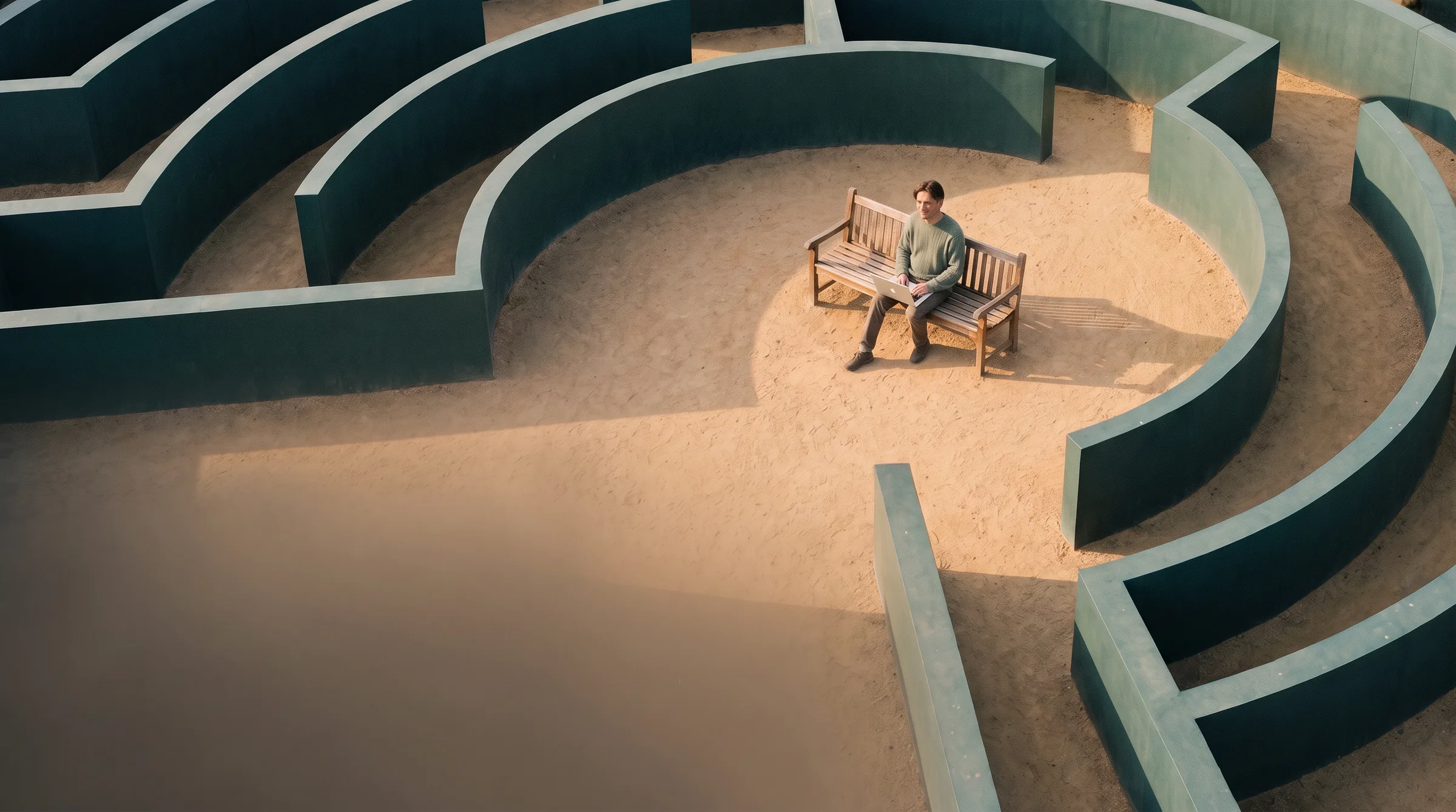 Seen from above, a person works on a laptop on a bench at the sunlit centre of a teal-walled maze