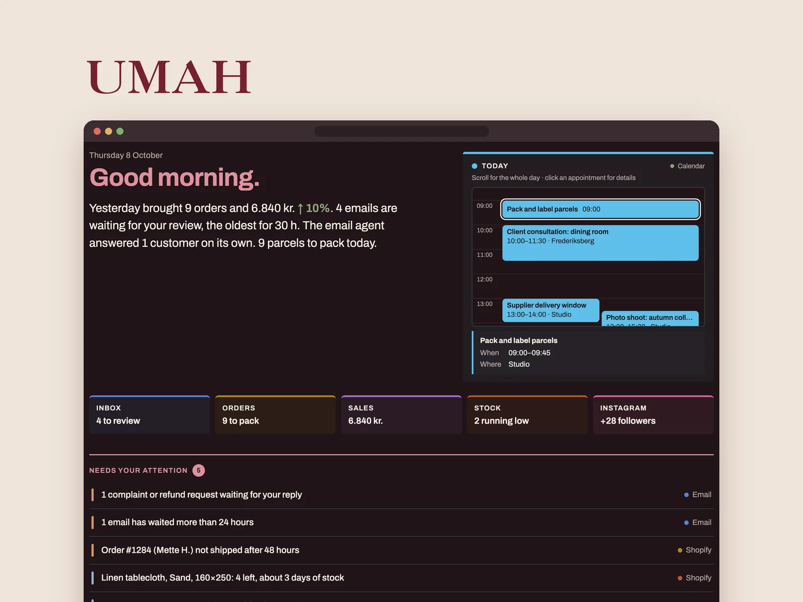 The Umah daily dashboard: a morning summary, today's calendar, five status tiles and a list of items that need attention